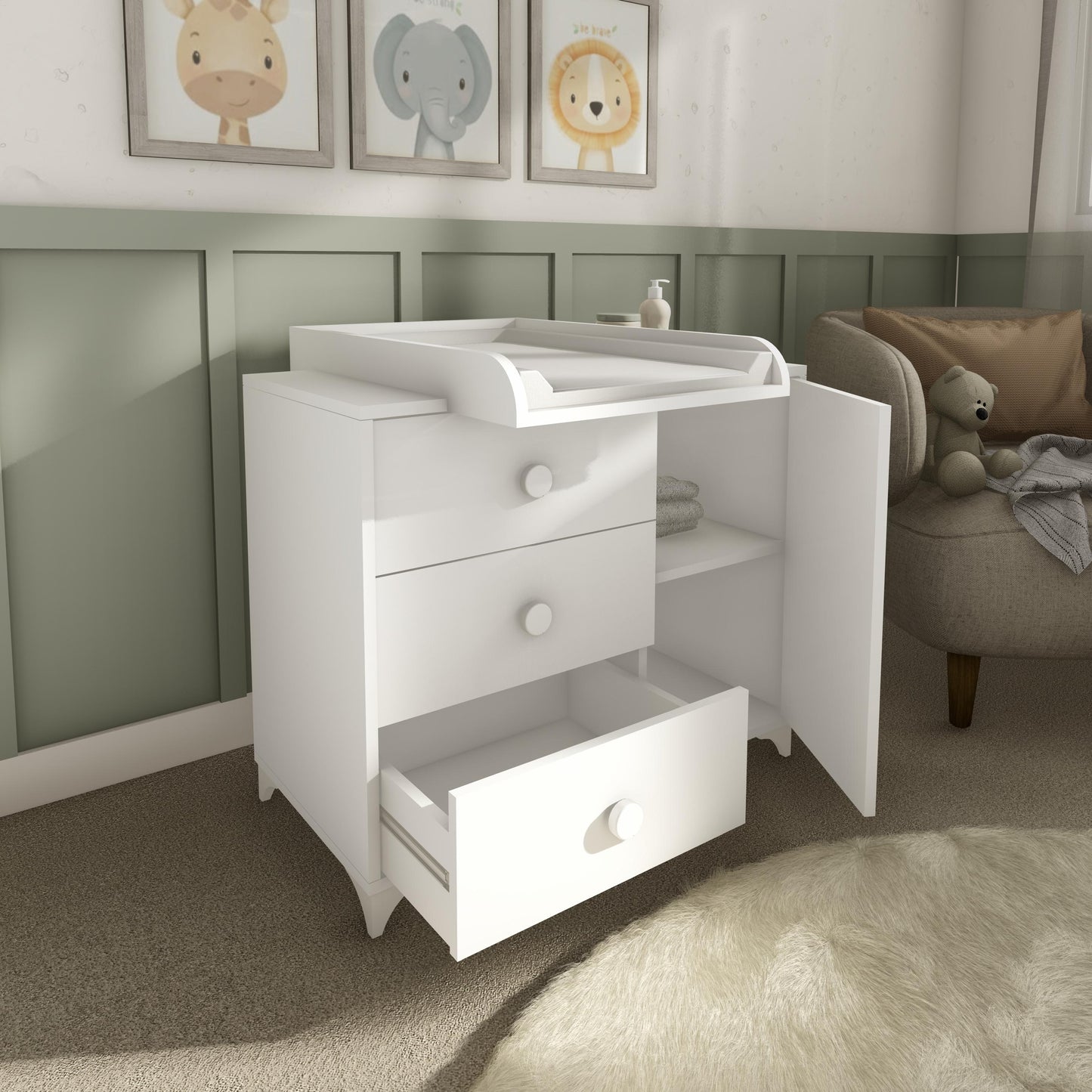 كومودين أطفال مع سطح تبديل - أبيض
